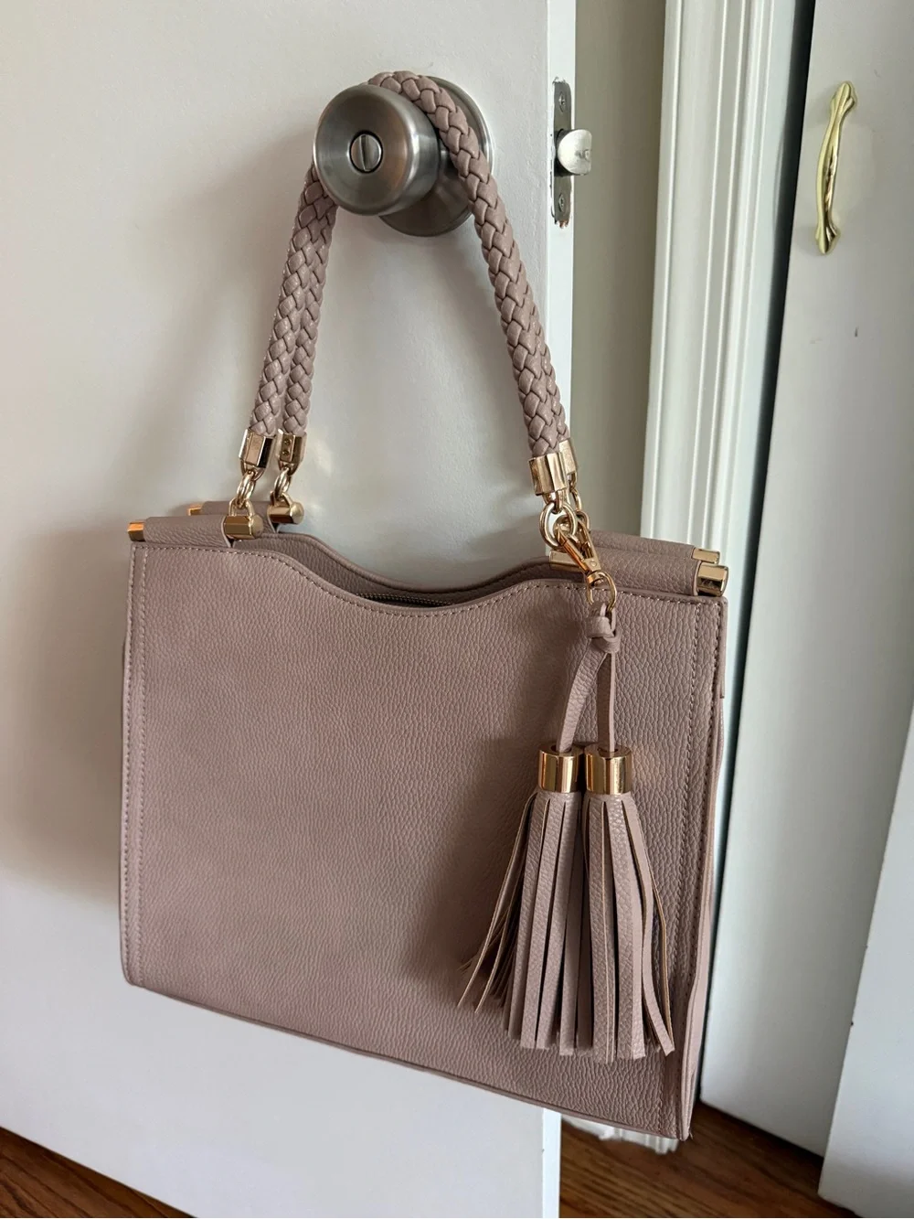 Braided Handle Taupe Satchel with Tassel Accent